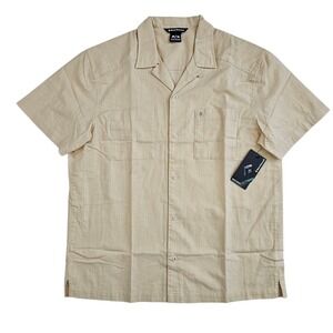 Black Diamond Men Medium Cotton Linen Short Sleeve Button Camp Shirt Loop Collar
